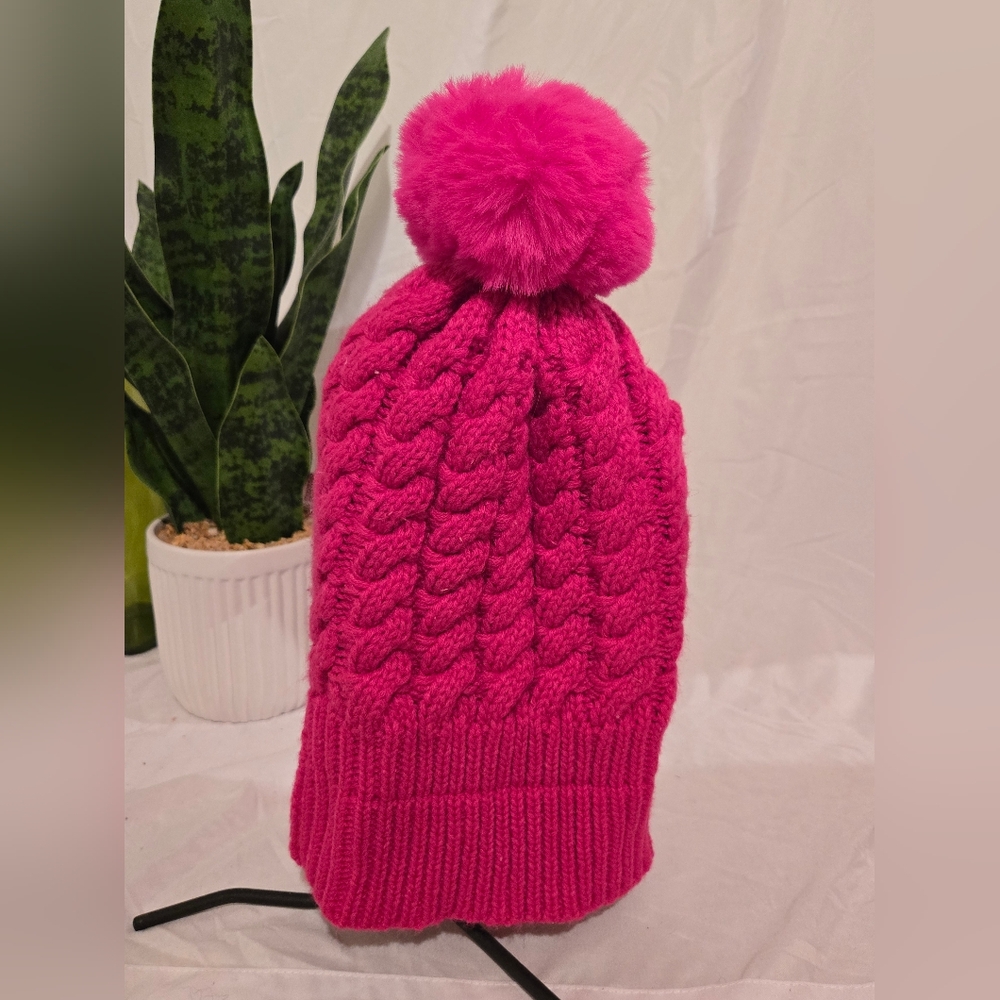 Pink Cable Knit Beanie with Pom Pom